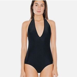 Chic Low Back One Piece Jet Black Halter Body Suit by American Apparel Sz S